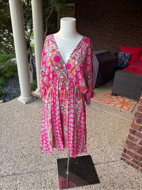 Elings Boho Pink Paisley Scarf Print Swing Mini Dress Women’s Medium